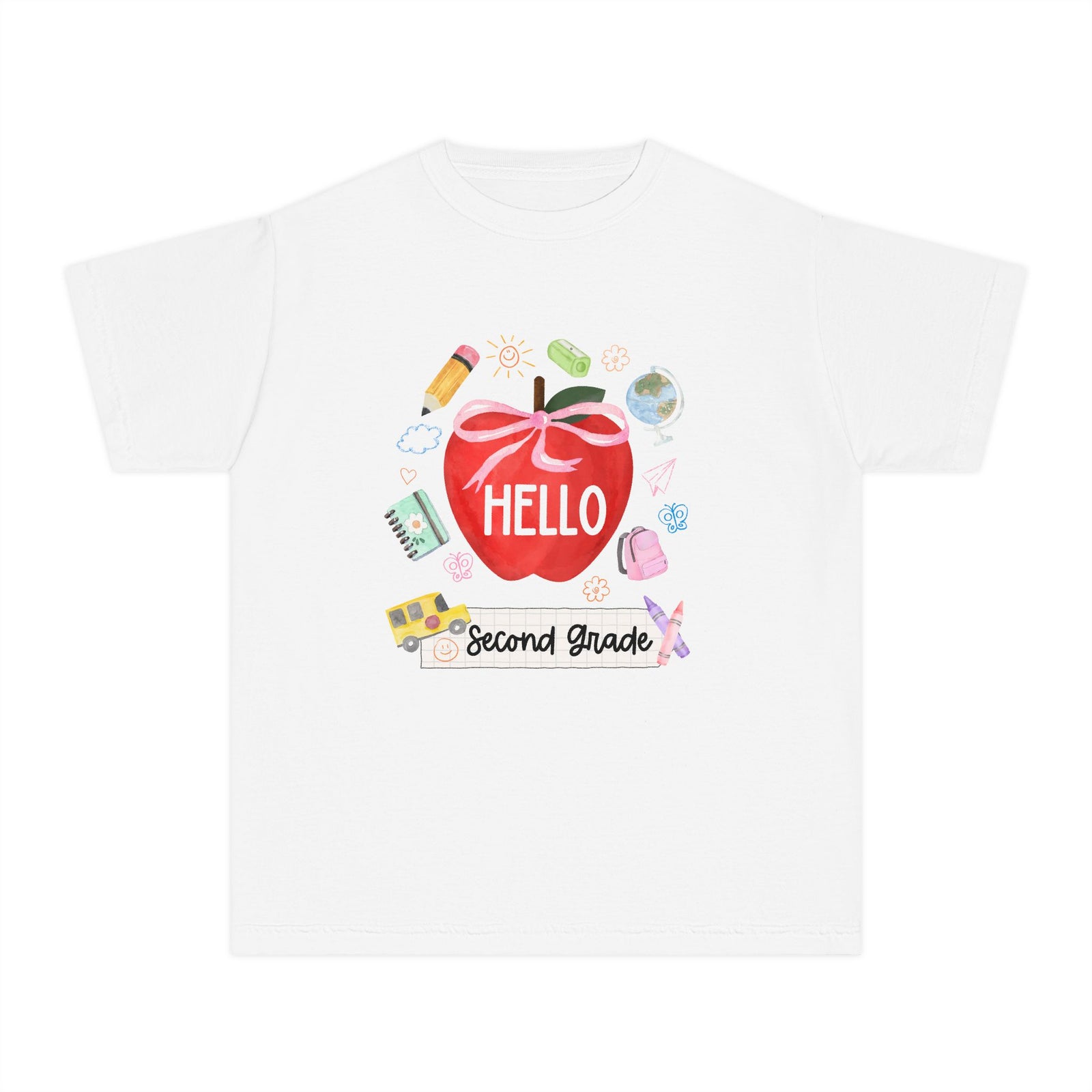 Hello Second Grade Preppy Coquette Apple Graphic Tee Back to School 2nd Grade T-Shirt