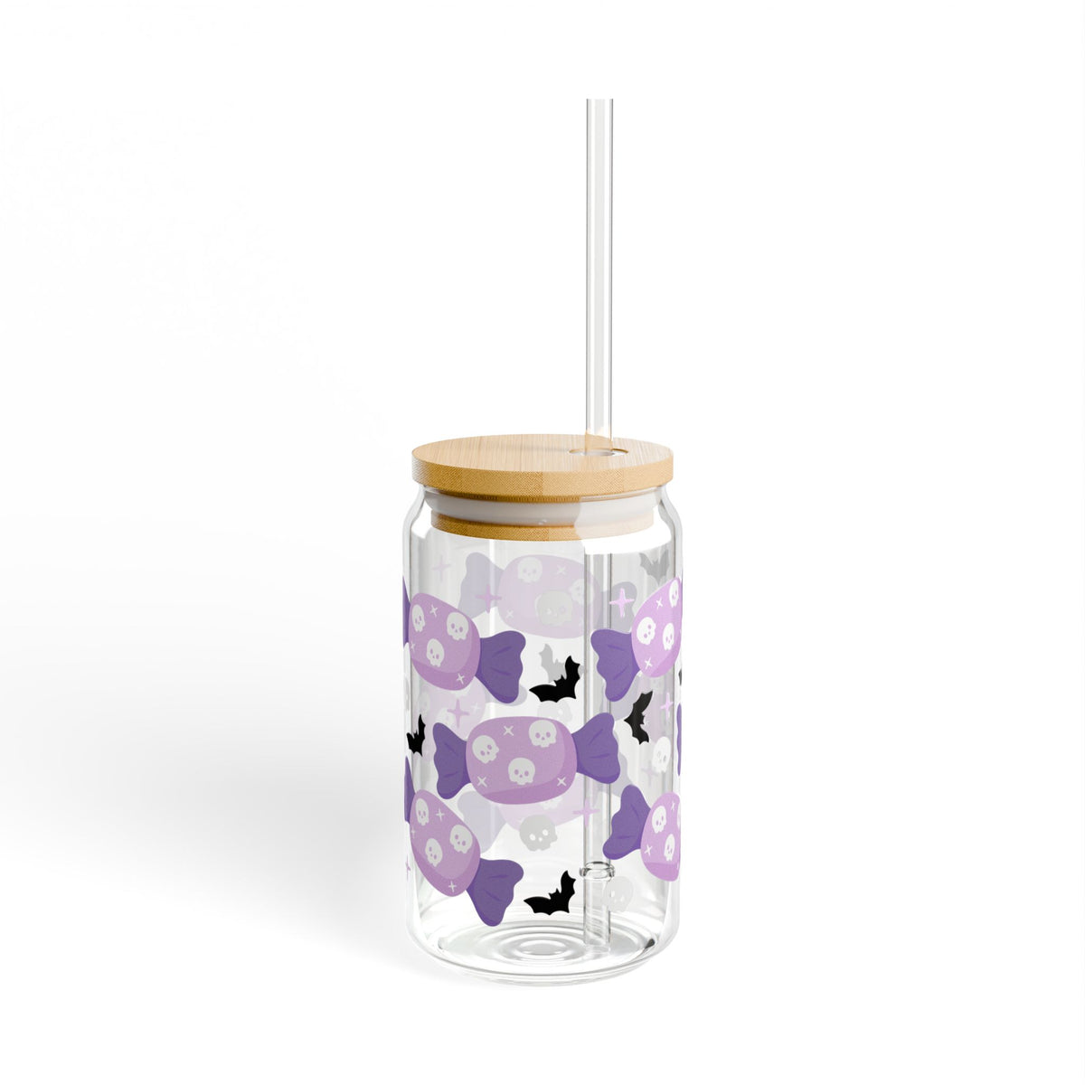 Skull Candy & Bats Halloween Sipper Glass 16oz Reusable Drink Jar with Lid & Straw
