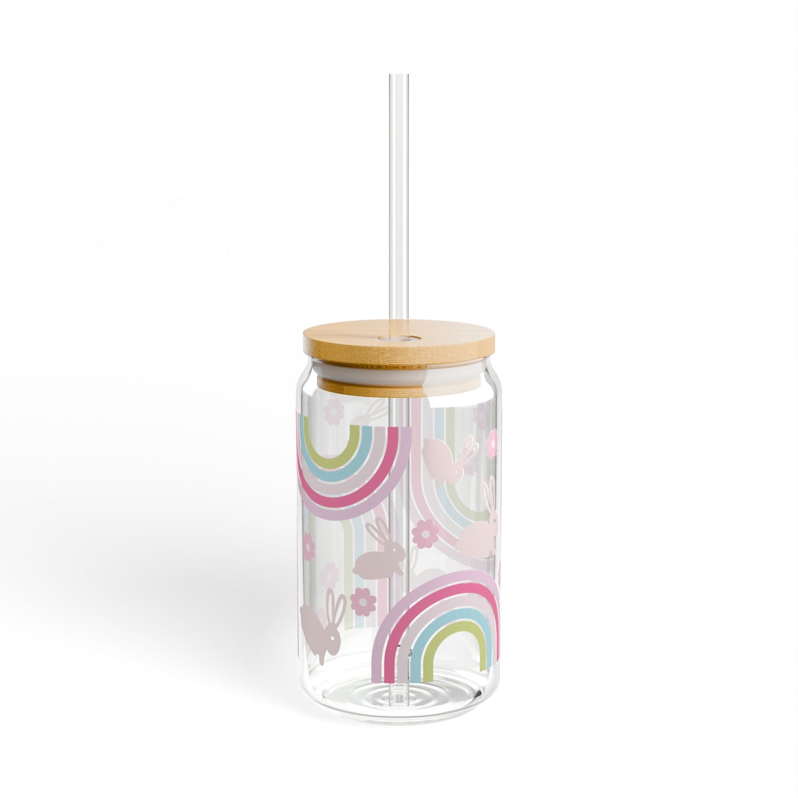 Pastel Bunny Rainbow Tumbler Sipper Glass 16oz — Reusable Drink Jar with Lid & Straw