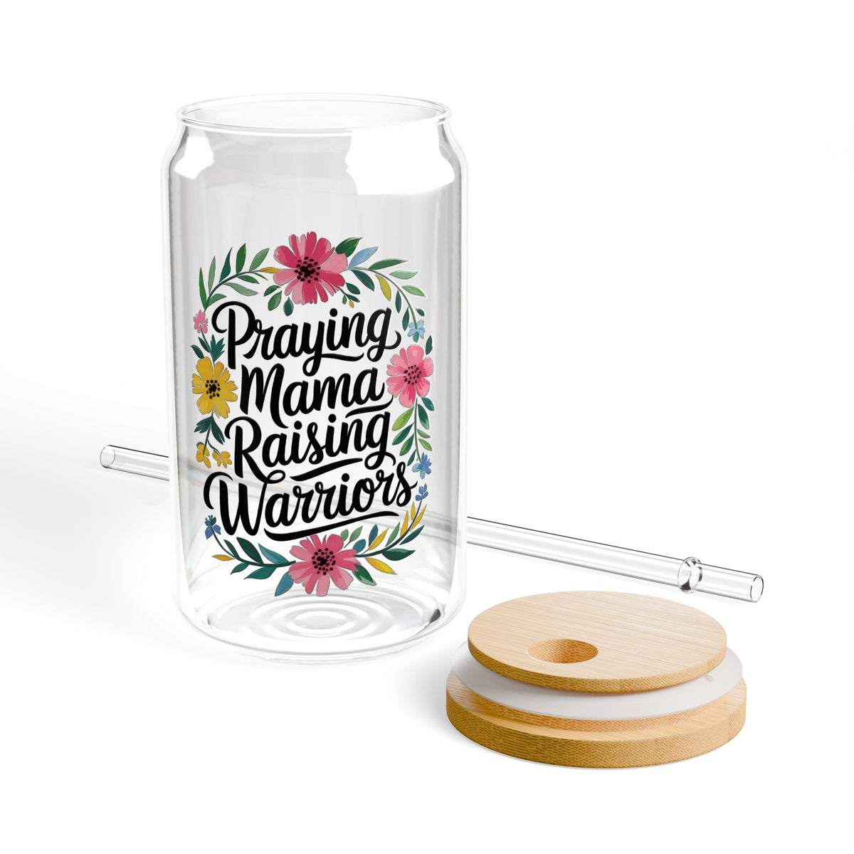 Praying Mama Raising Warriors Sipper Glass 16oz Reusable Drink Jar with Lid & Straw