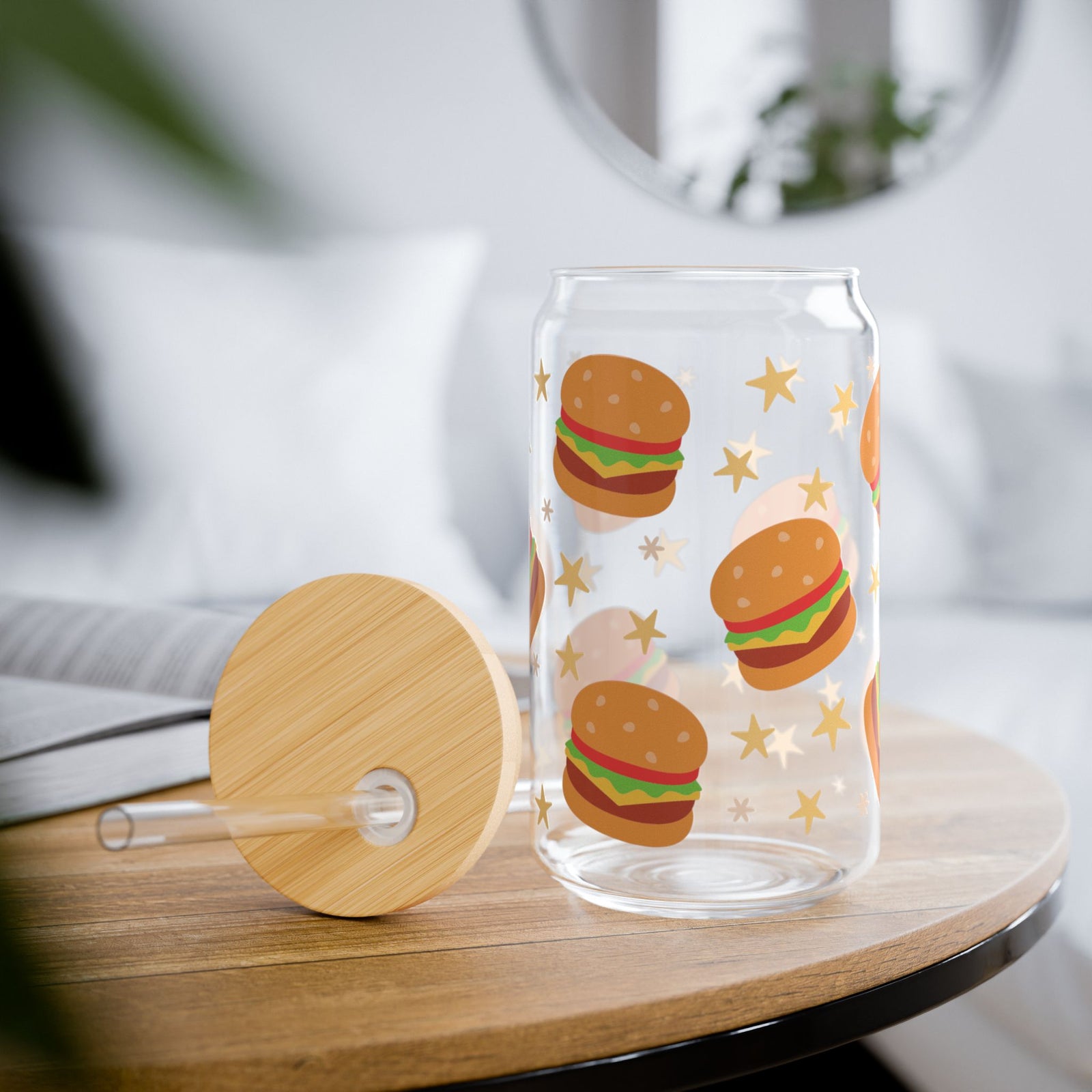 Burgers Tumbler Sipper Glass 16oz — Reusable Drink Jar with Lid & Straw