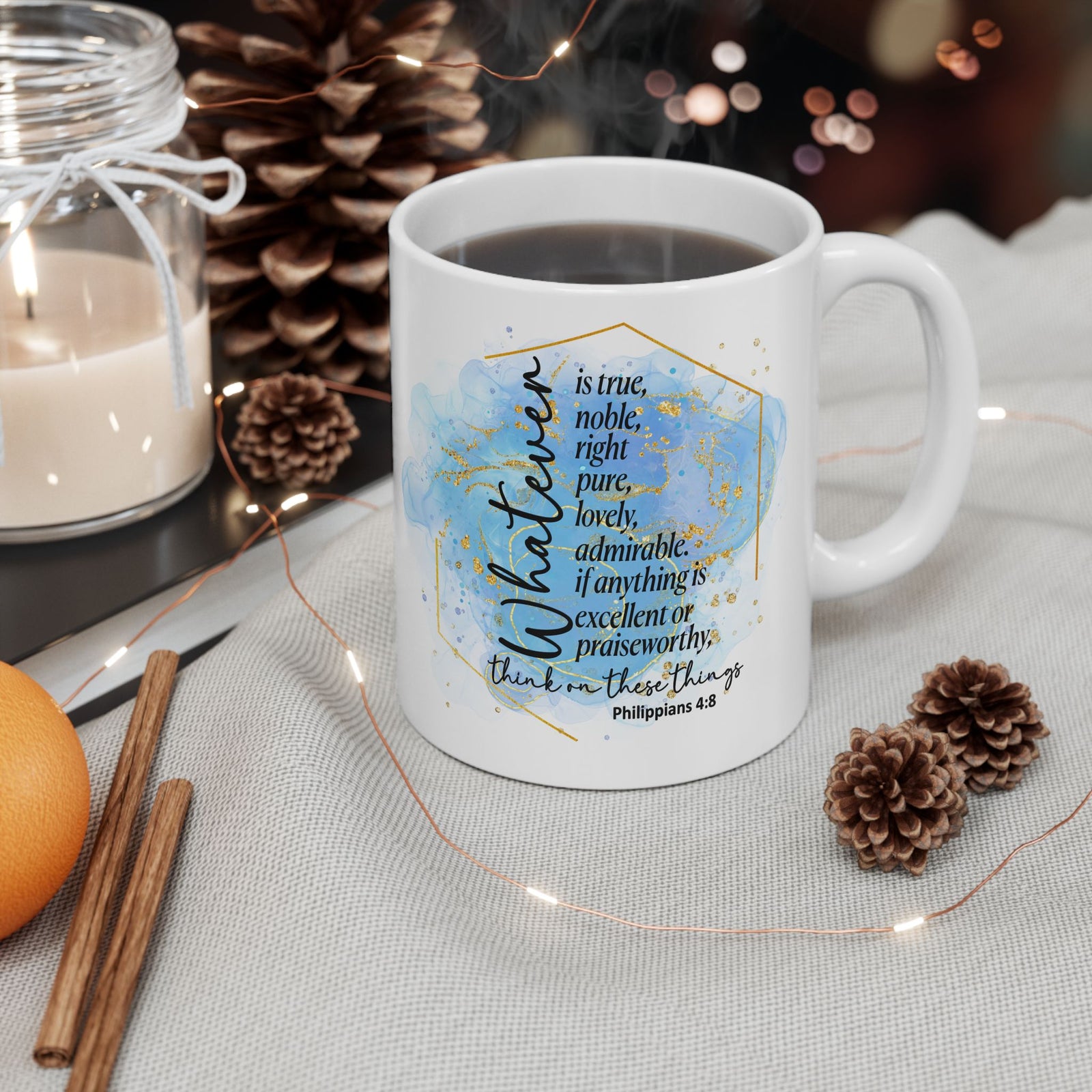 Think on These Things Philippians 4:8 Christian Mug — Blue Watercolor Coffee Cup (11oz, 15oz)