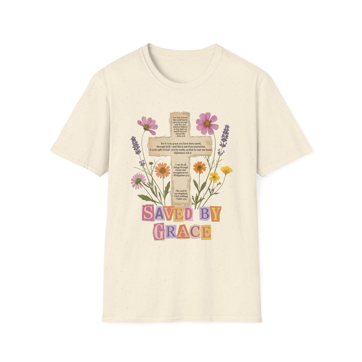 Saved by Grace Collage Floral Cross Tee Bible Verse Christian T-Shirt