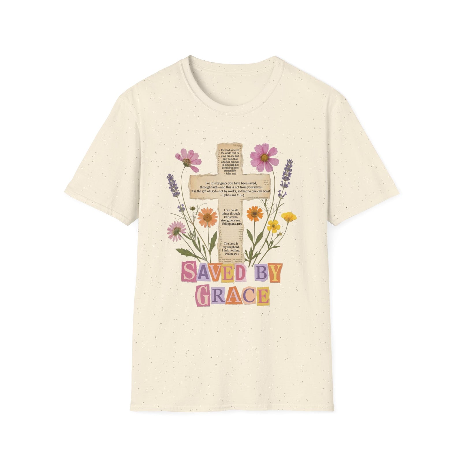 Saved by Grace Collage Floral Cross Tee Bible Verse Christian T-Shirt