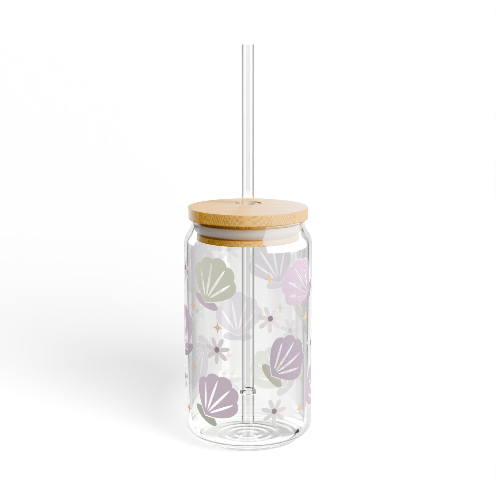 Floral & Seashell Lavender Sipper Glass 16oz — Reusable Drink Jar with Lid & Straw