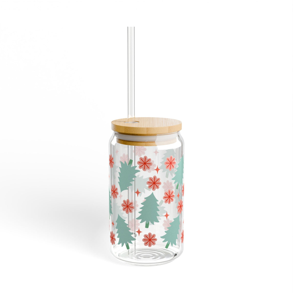 Holly Jolly Christmas Holiday Sipper Glass 16oz Reusable Drink Jar with Lid & Straw
