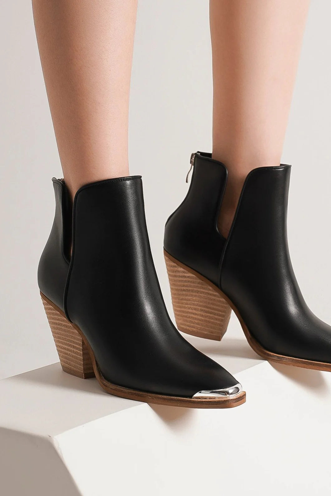 Beast Fashion Pointed Metal-Tip Toe Block Heel Ankle Boots - Sydney So Sweet