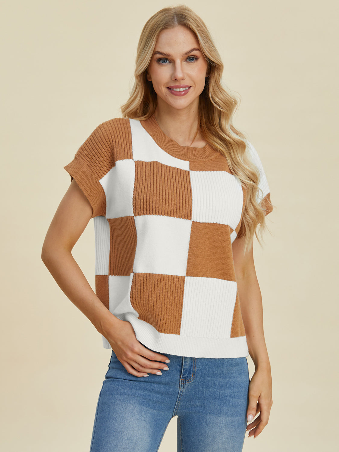 Double Take Full Size Checkered Round Neck Short Sleeve Sweater - Sydney So Sweet