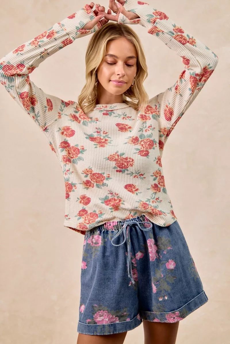 BiBi Floral Print Washed Waffle Thermal Top With Thumb - Sydney So Sweet