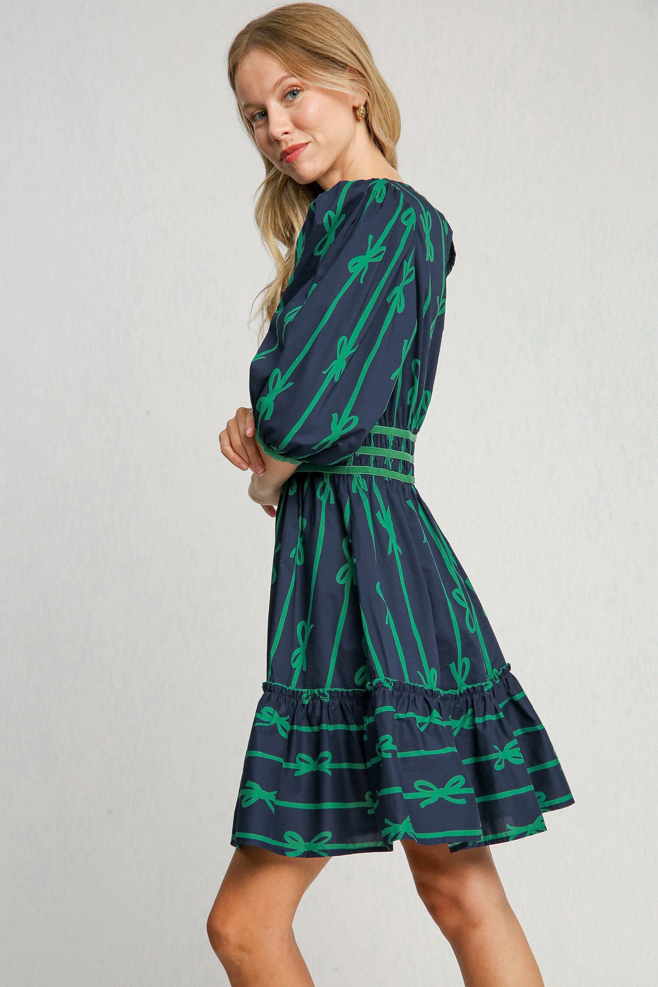 Umgee Ribbon Print Frill Contrast Velvet Trim Half Sleeve Dress - Sydney So Sweet