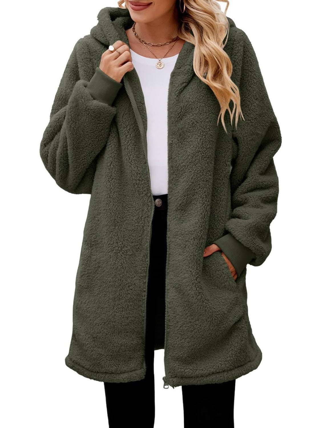 Fuzzy Pocketed Zip Up Long Sleeve Hooded Jacket - Sydney So Sweet