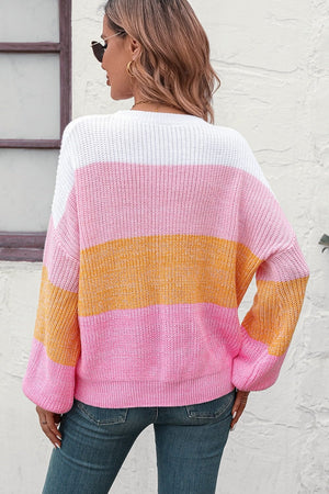 Round Neck Color Block Ribbed Pullover Sweater - Sydney So Sweet