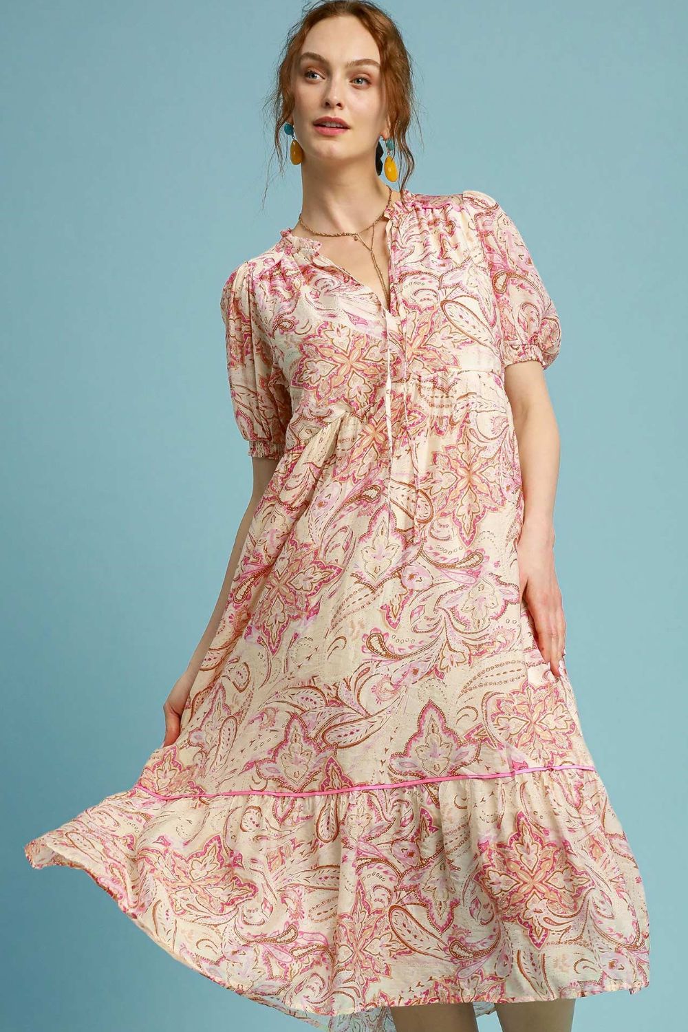 Umgee Full Size Printed Puff Short Sleeve Midi Dress Plus Size - Sydney So Sweet