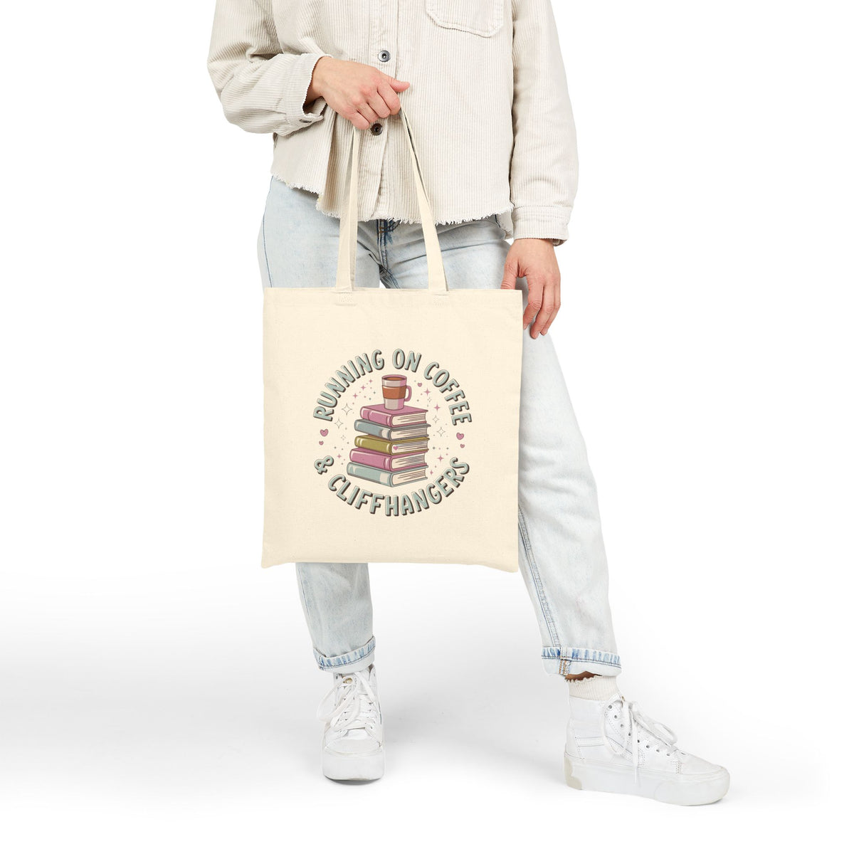 Running on Coffee & Cliffhangers Book & Coffee Lover Cotton Canvas Tote Bag