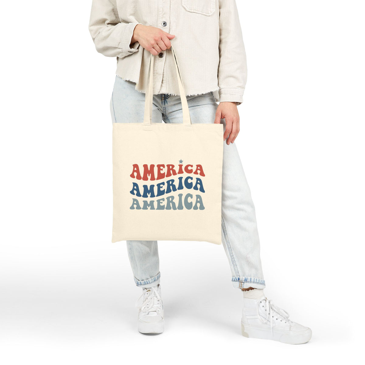America Retro Stack Patriotic Cotton Canvas Tote Bag