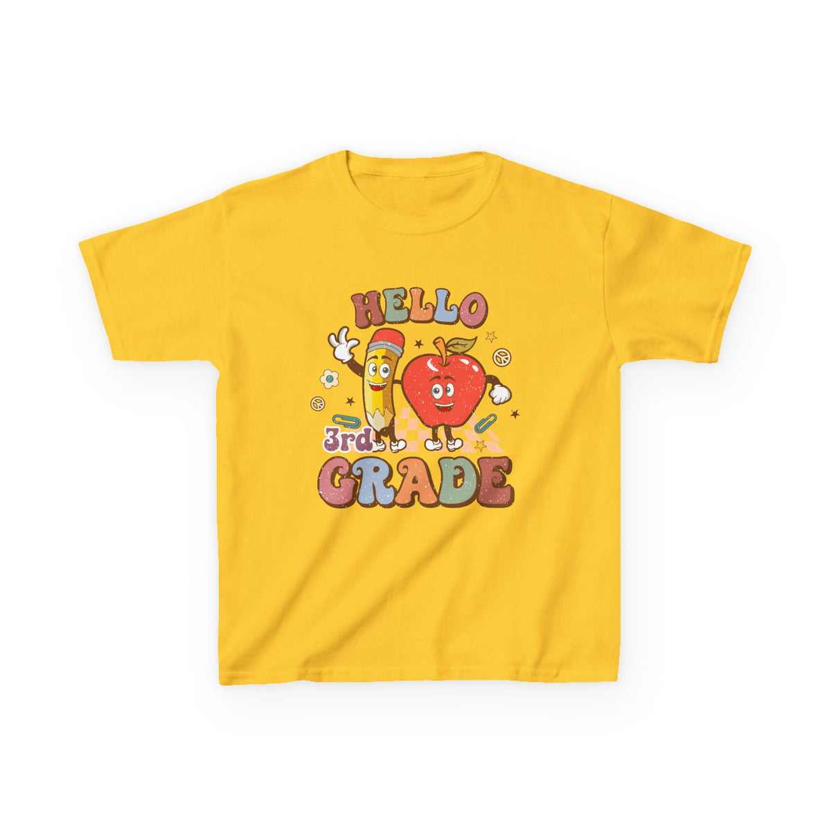 Hello 3rd Grade Cute Apple & Pencil Graphic Tee Back-to-School Third Grade Kids T-Shirt