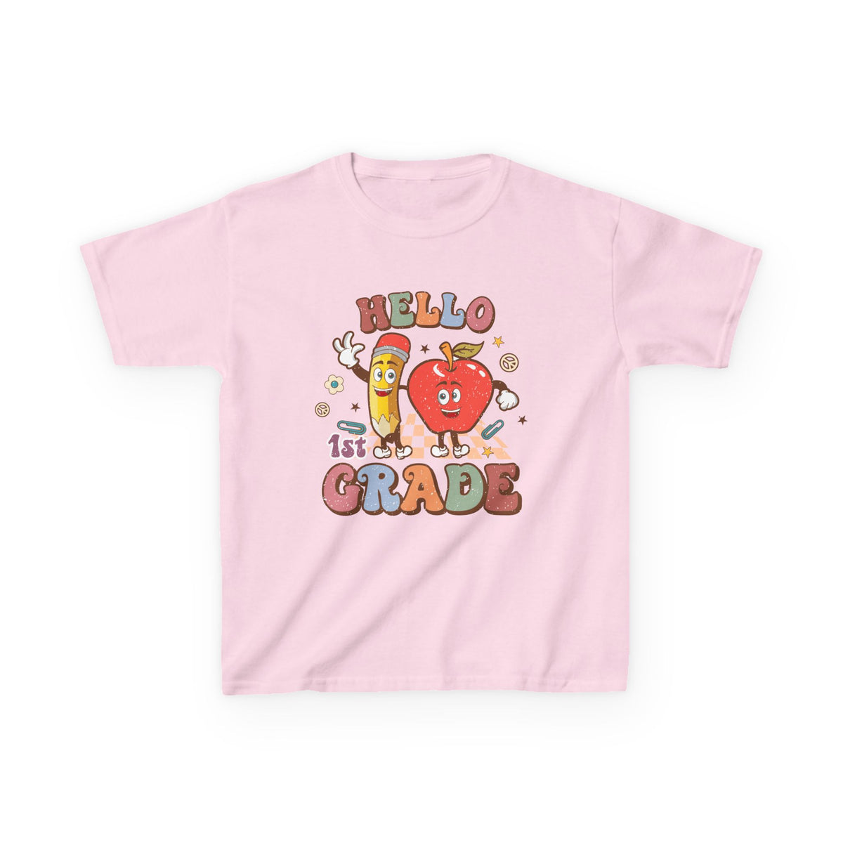 Hello 1st Grade Cute Apple & Pencil Graphic Tee Back-to-School First Grade Kids T-Shirt