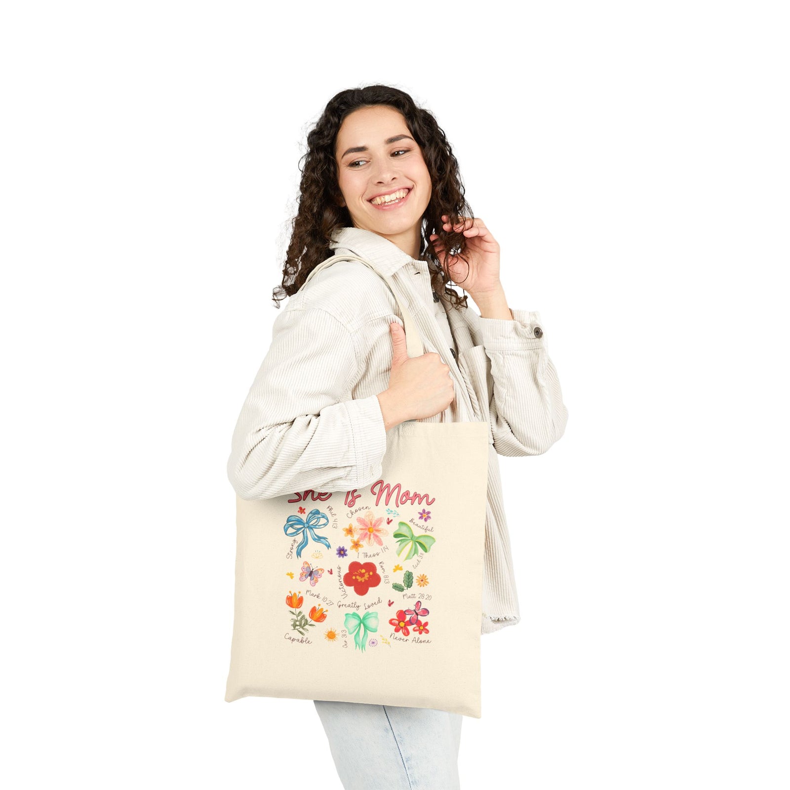 She Is Mom Floral Christian Women's Cotton Canvas Tote Bag