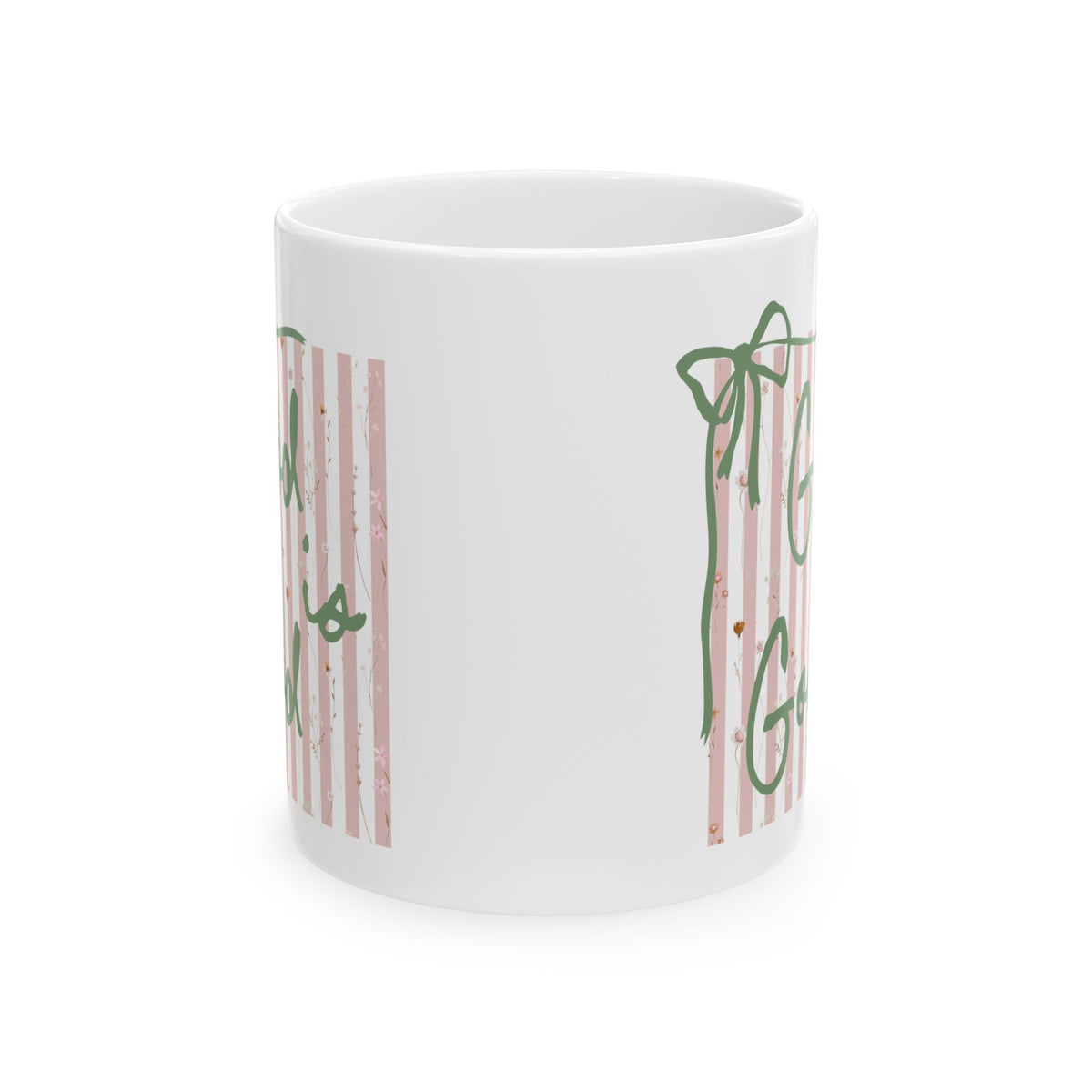 God is Good Pink Stripe Inspirational Ceramic Mug Coffee Cup (11oz & 15oz)