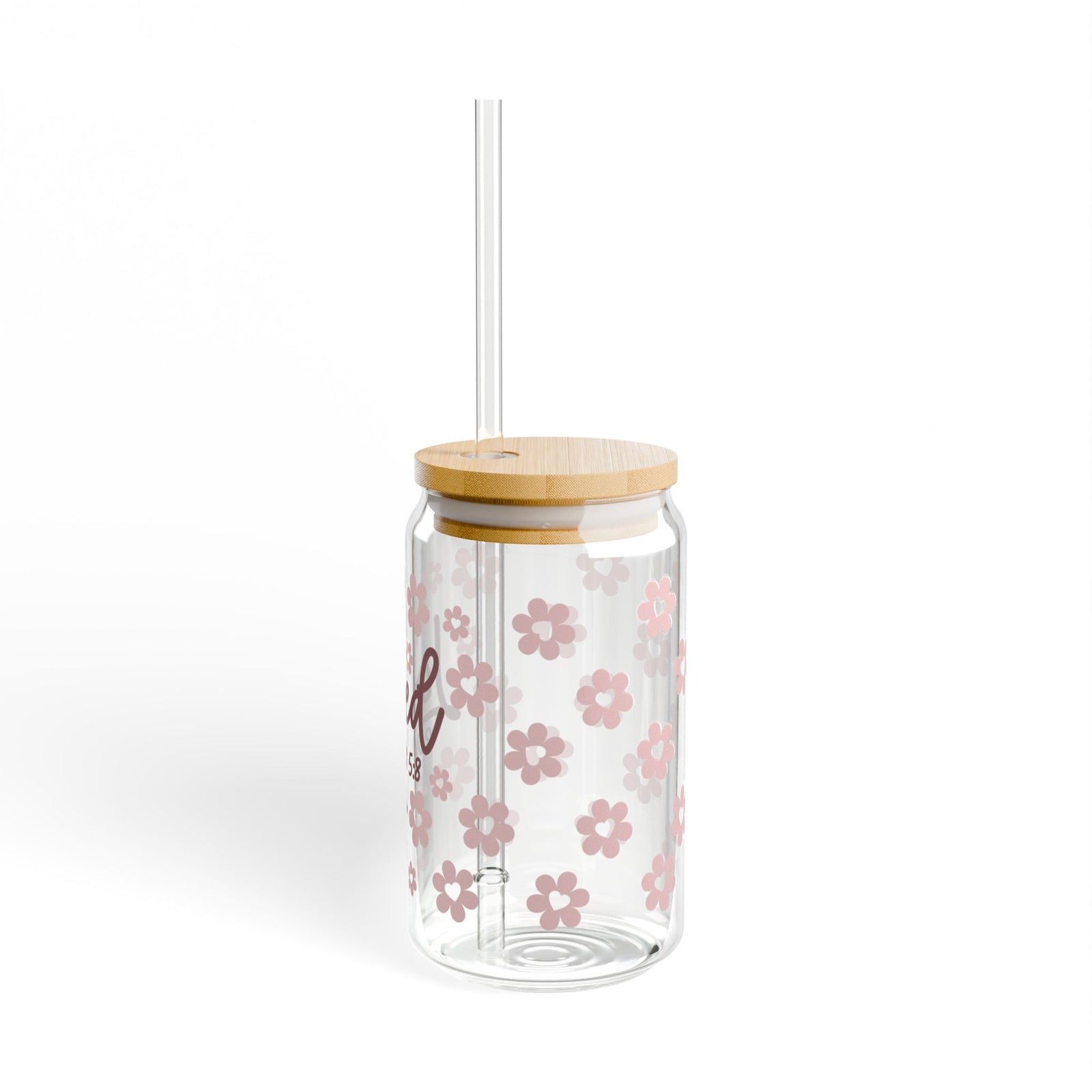 Loved Romans 5:8 Floral Christian Tumbler Sipper Glass 16oz — Reusable Drink Jar with Lid & Straw