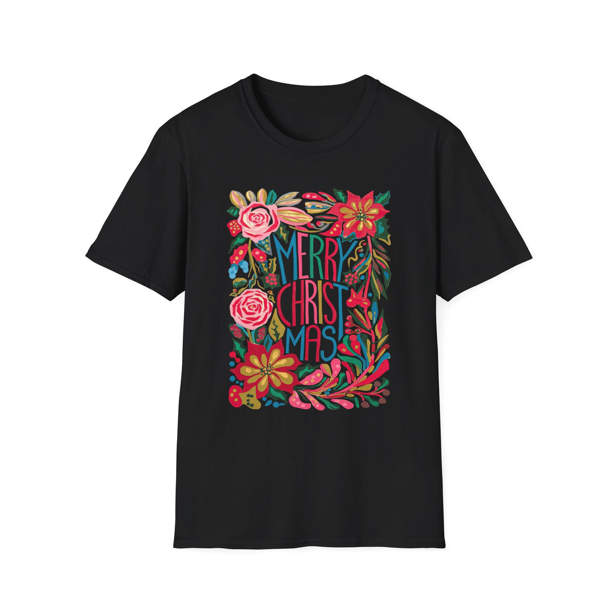 Merry Christmas Bright Holiday Florals Tee Graphic T-Shirt