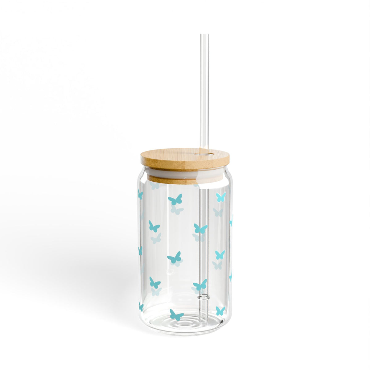 Mini Butterfly Turquoise Blue Sipper Glass 16oz — Reusable Drink Jar with Lid & Straw