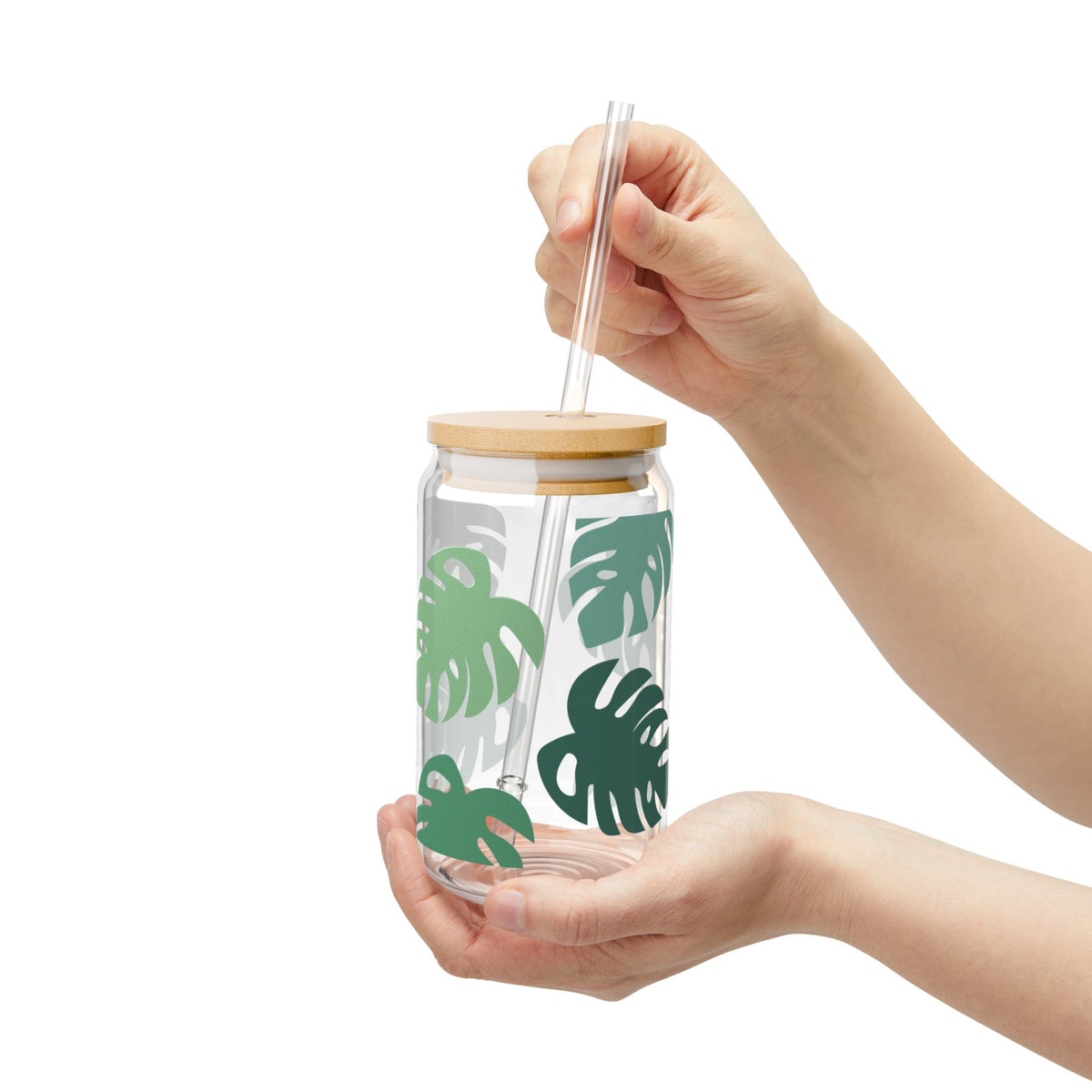 Monstera Leaf Tumbler Sipper Glass 16oz — Reusable Drink Jar with Lid & Straw