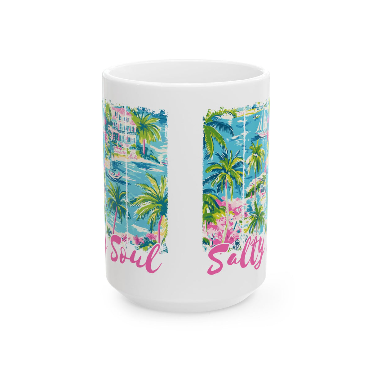 Salty Soul Beachy Palm Print Cute Ceramic Mug Coffee Cup (11oz & 15oz)