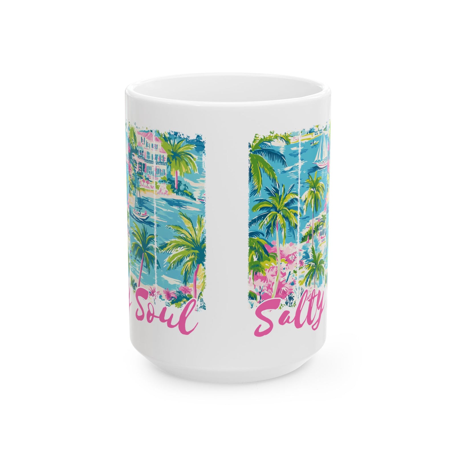 Salty Soul Beachy Palm Print Cute Ceramic Mug Coffee Cup (11oz & 15oz)