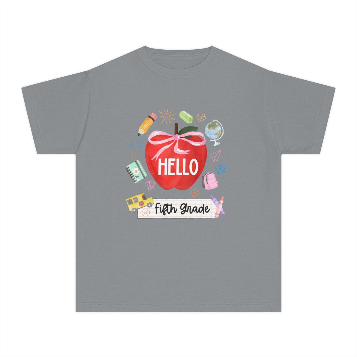 Hello Fifth Grade Preppy Coquette Apple Graphic Tee Back to School 5th Grade T-Shirt