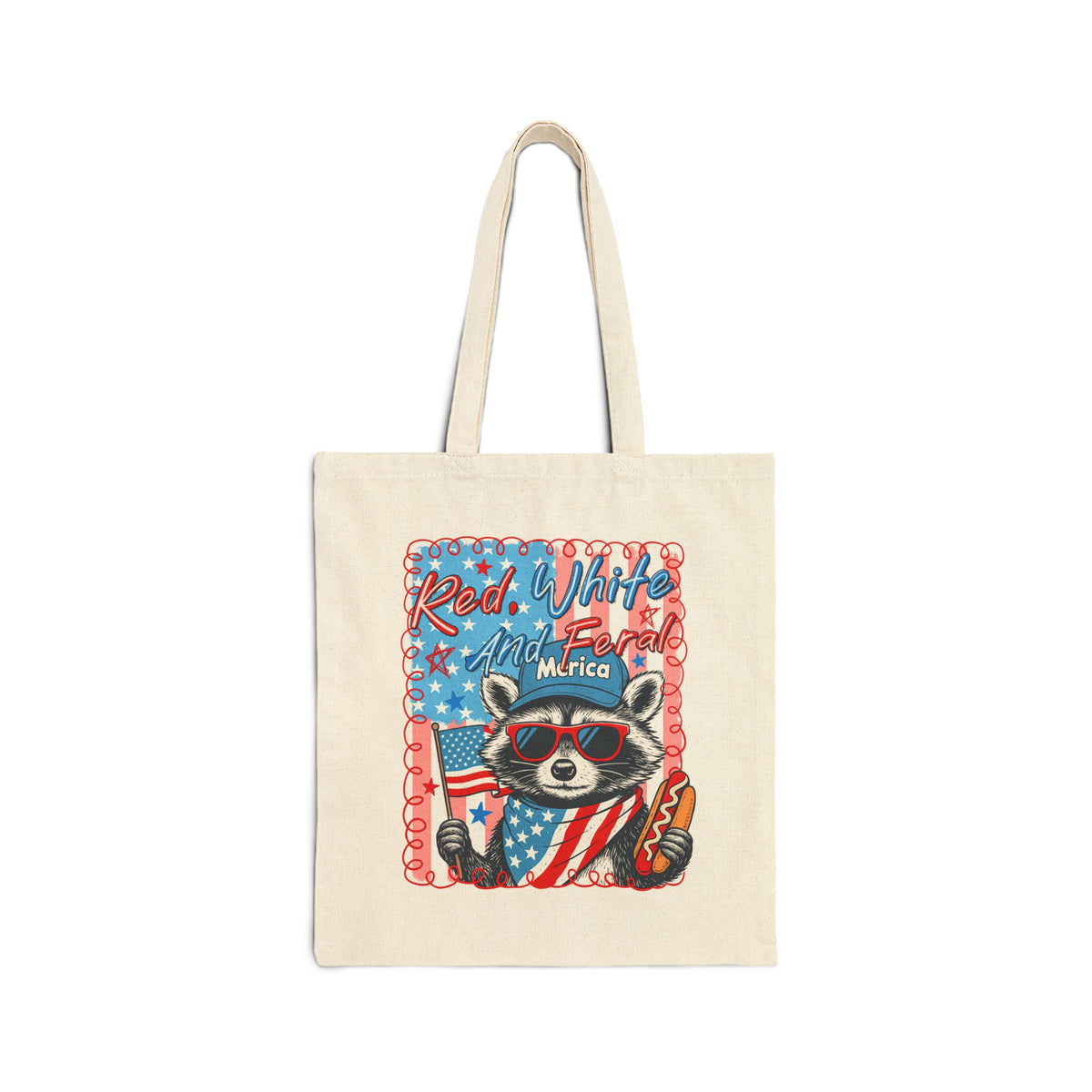 Red White and Feral Patriotic Raccoon Cotton Canvas Tote Bag