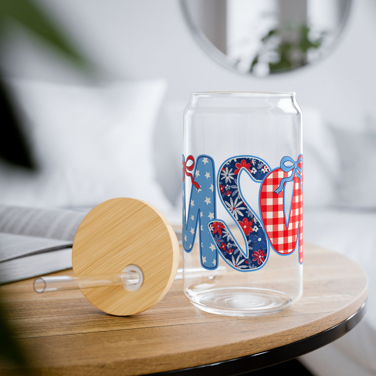 Patriotic USA Sipper Glass 16oz Reusable Drink Jar with Lid & Straw