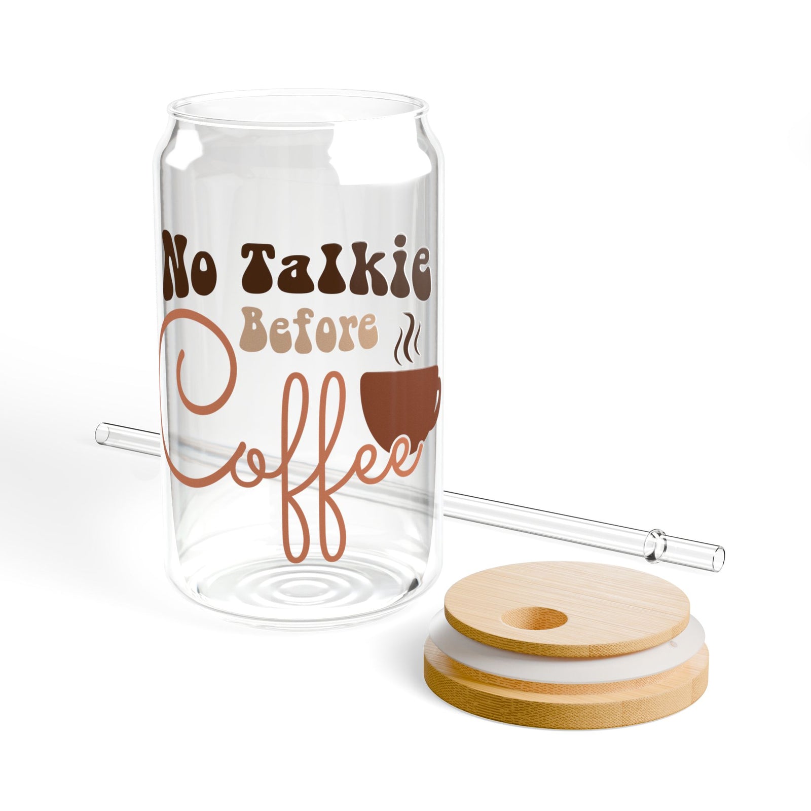 No Talkie Before Coffee Sipper Glass 16oz Reusable Drink Jar with Lid & Straw
