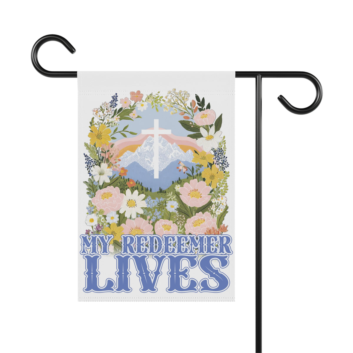 My Redeemer Lives Garden Flag Floral Cross Yard Banner