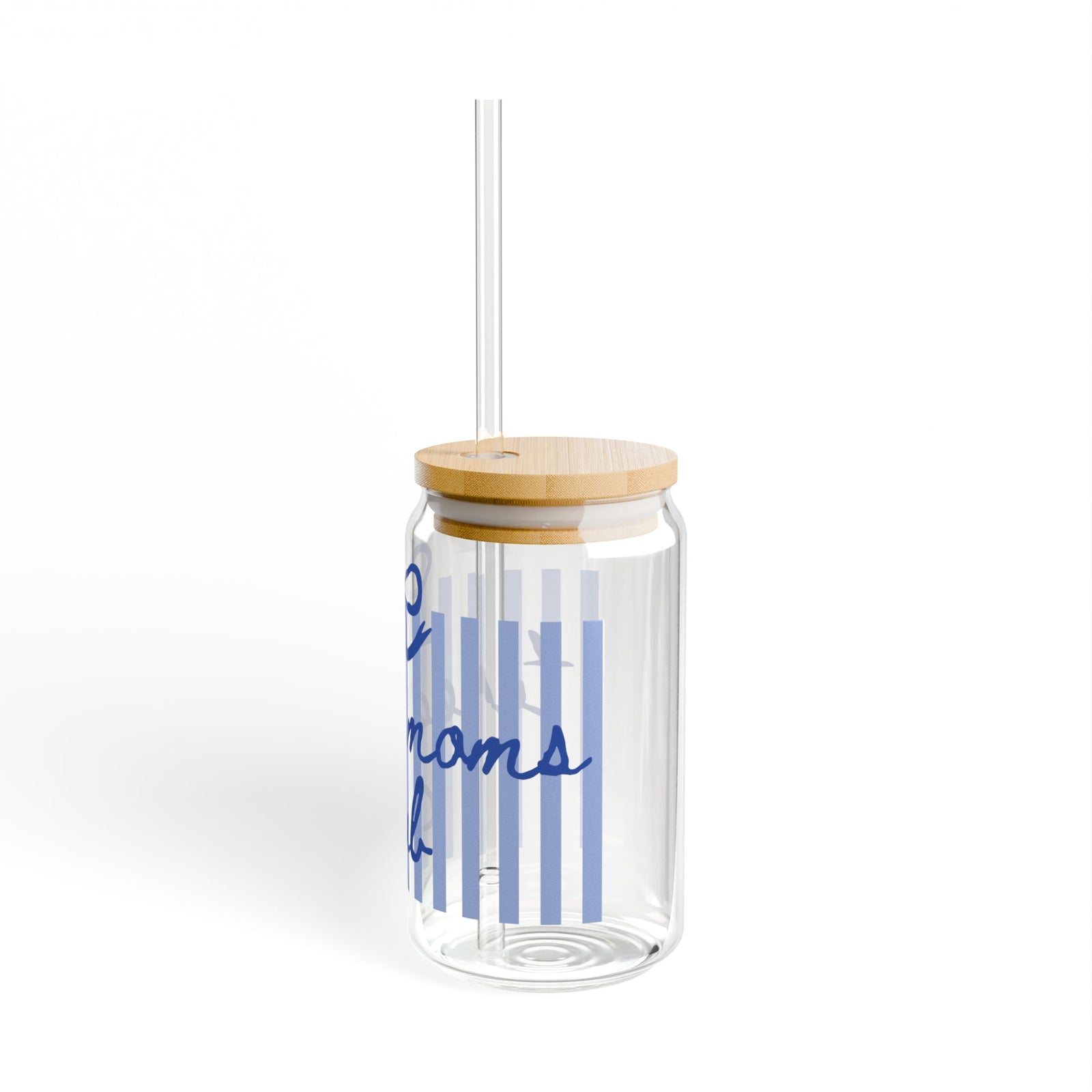 Tired Mom Club Blue Striped Sipper Glass 16oz Reusable Drink Jar with Lid & Straw