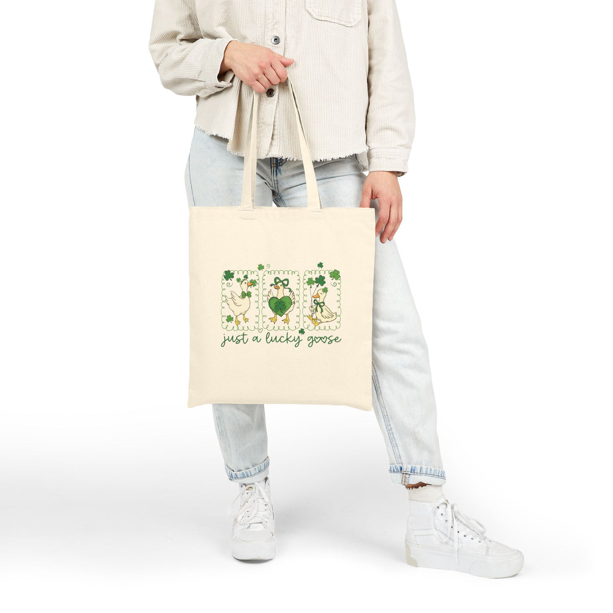 Just a Lucky Goose St. Patrick's Day Shamrock Cotton Canvas Tote Bag
