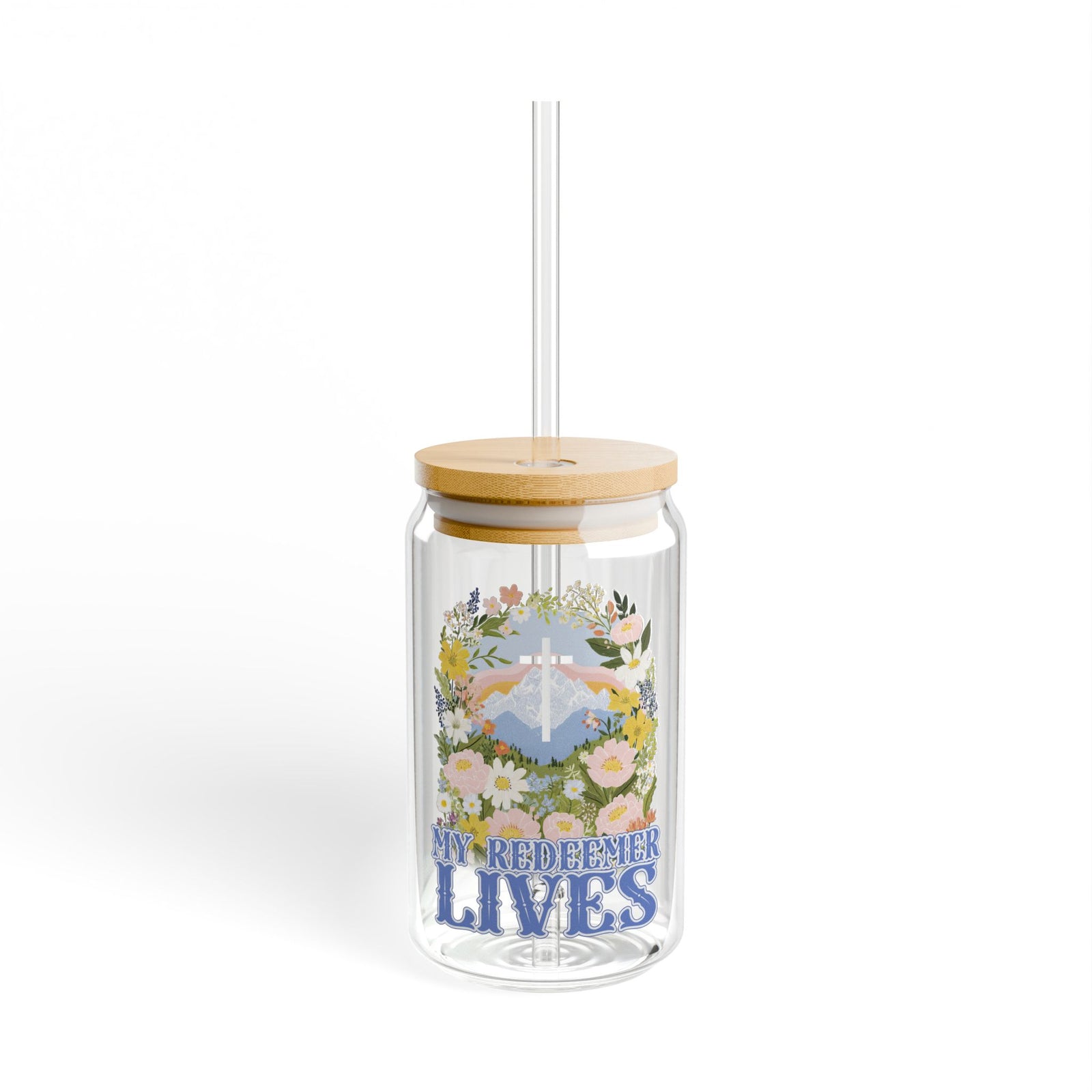 My Redeemer Lives Easter Inspirational Sipper Glass 16oz — Reusable Drink Jar with Lid & Straw