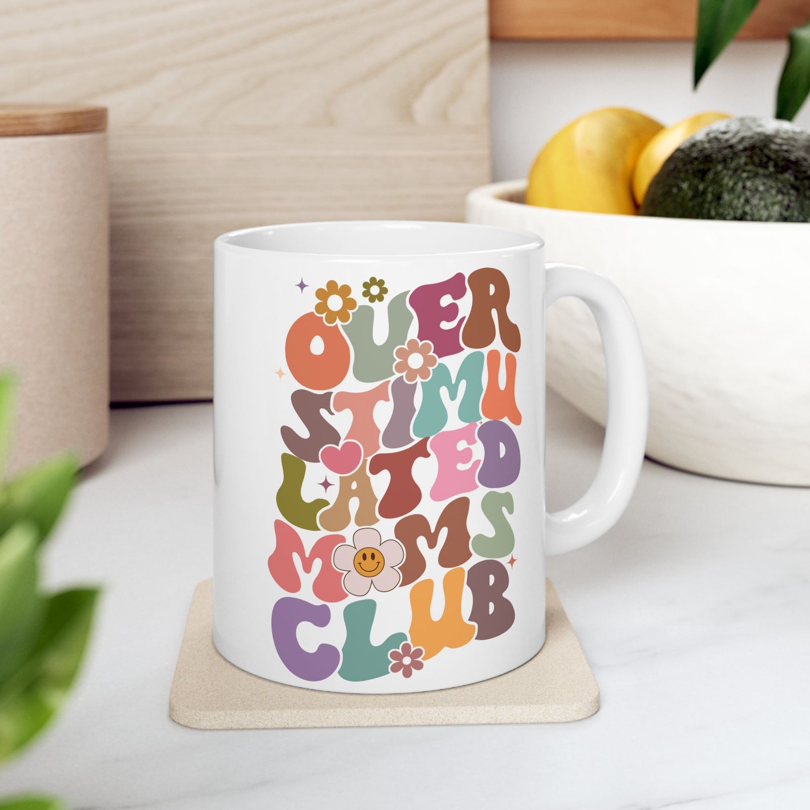Overstimulated Moms Club Retro Rainbow Cute Ceramic Mug Coffee Cup (11oz & 15oz)