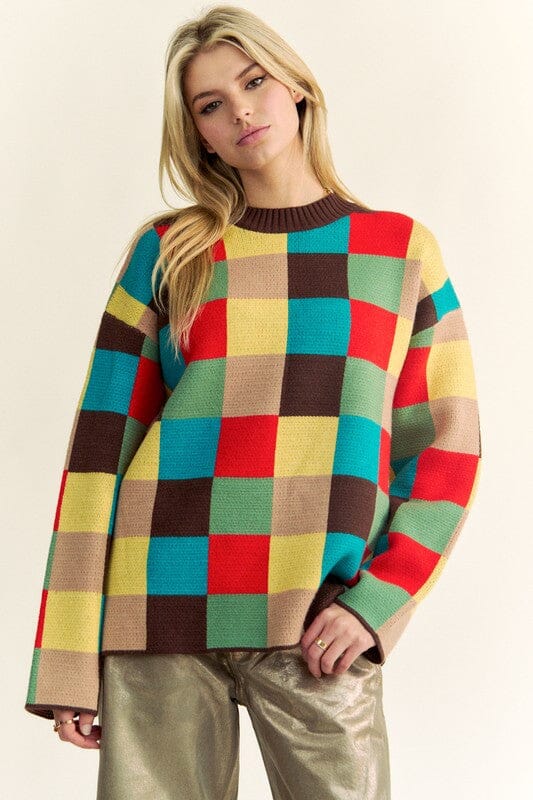 Davi & Dani Color Block Checkered Dropped Shoulder Sweater - Sydney So Sweet