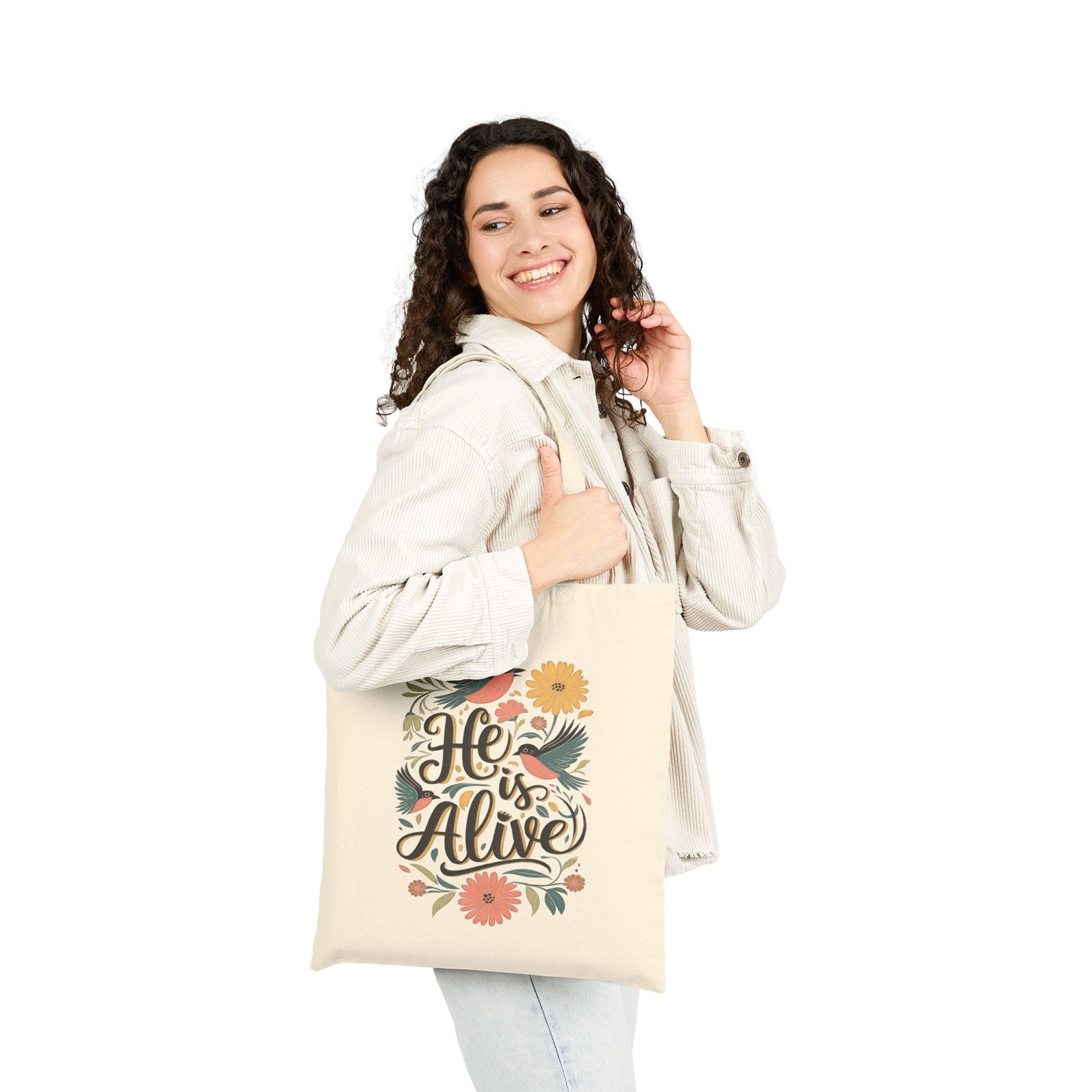He Is Alive Floral Birds Christian Easter Cotton Canvas Shopper Tote Bag