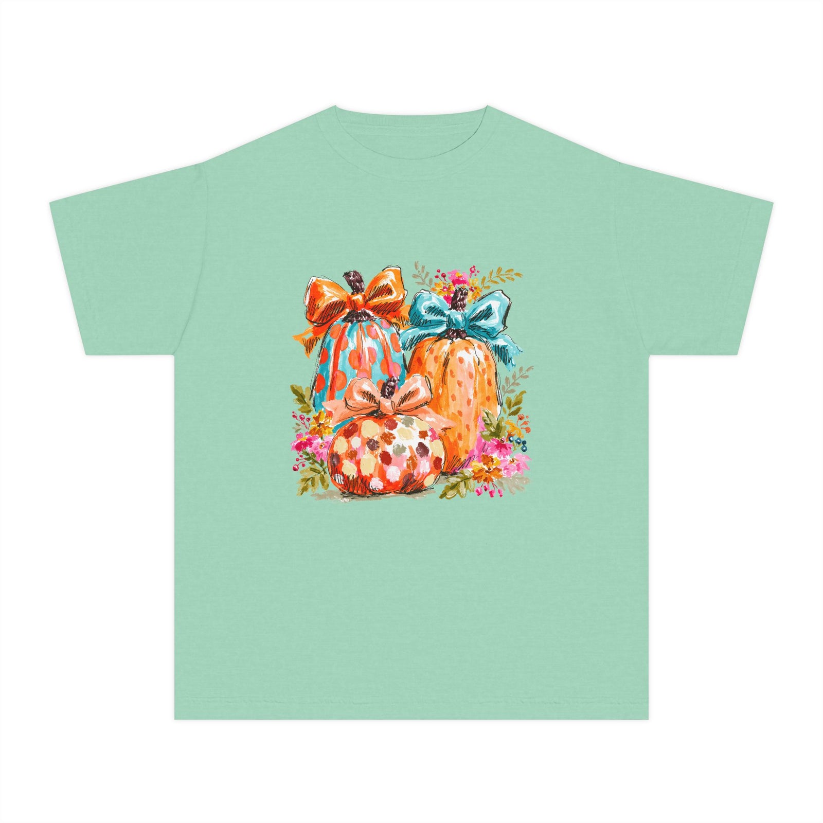Floral Preppy Coquette Fall Pumpkin T-Shirt Cute Watercolor Kids Graphic Tee