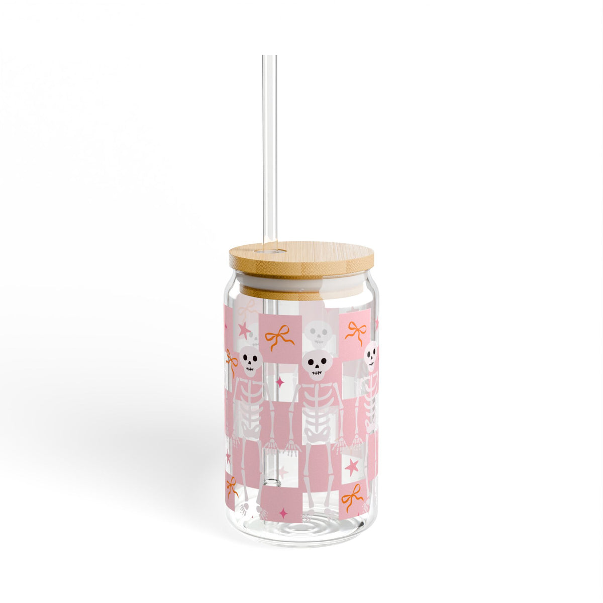 Pink Checker Skeleton & Bow Halloween Sipper Glass 16oz Reusable Drink Jar with Lid & Straw