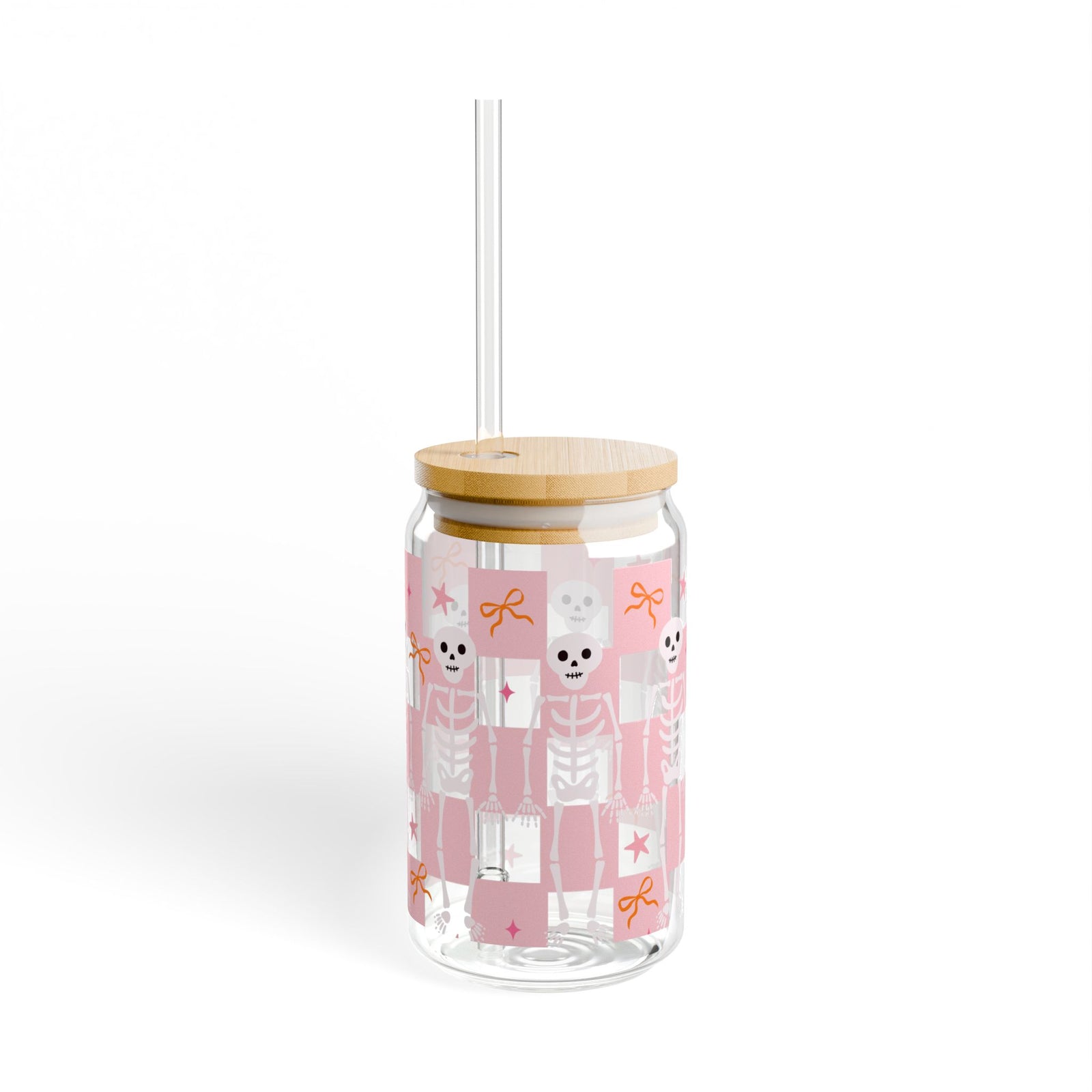 Pink Checker Skeleton & Bow Halloween Sipper Glass 16oz Reusable Drink Jar with Lid & Straw