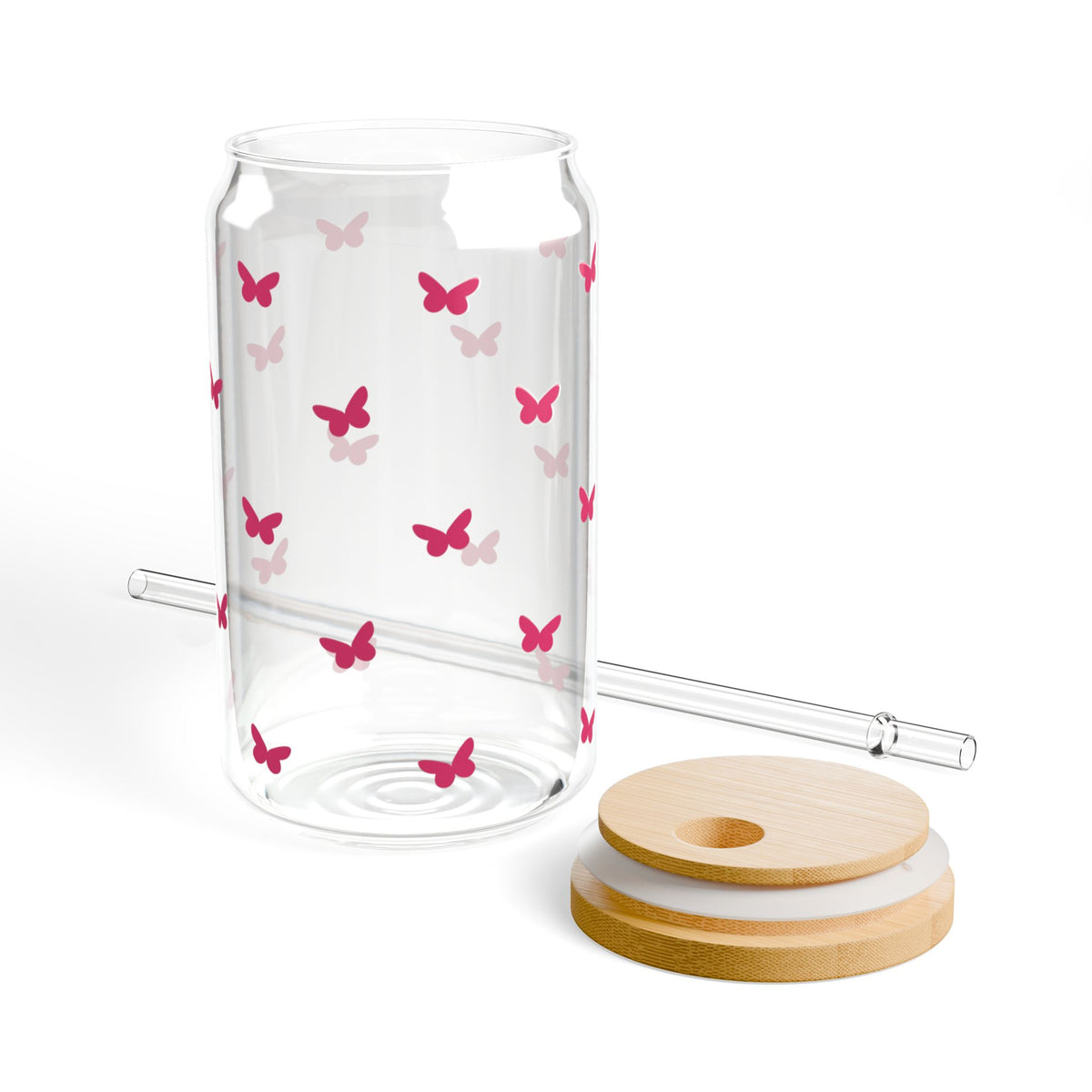 Mini Butterfly Hot Pink Sipper Glass 16oz — Reusable Drink Jar with Lid & Straw