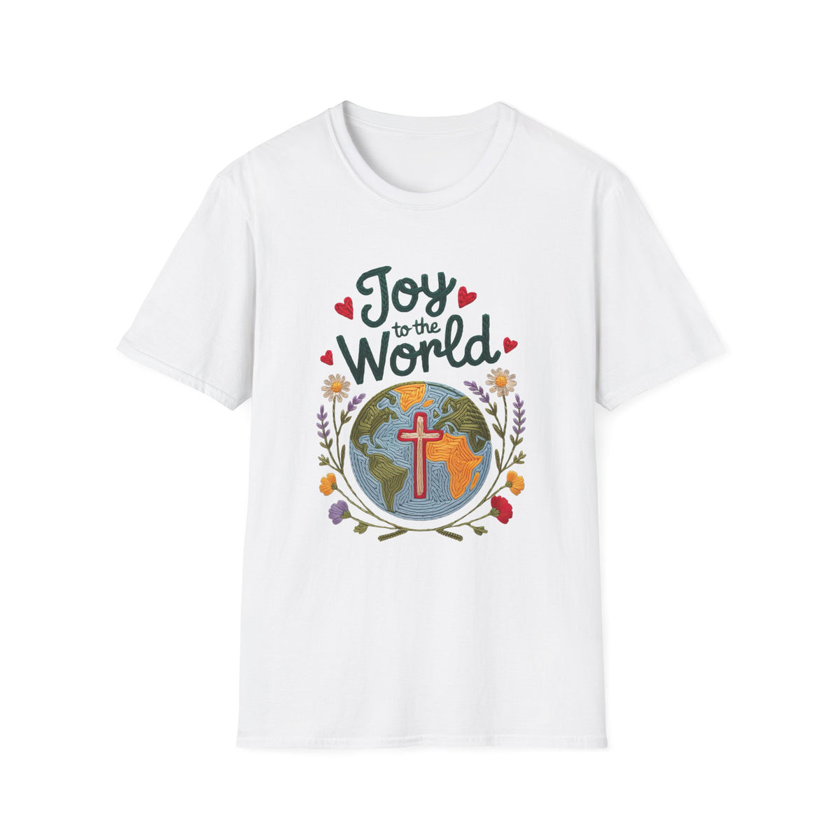 Joy to the World Christmas Tee Faux Embroidery Christian T-Shirt