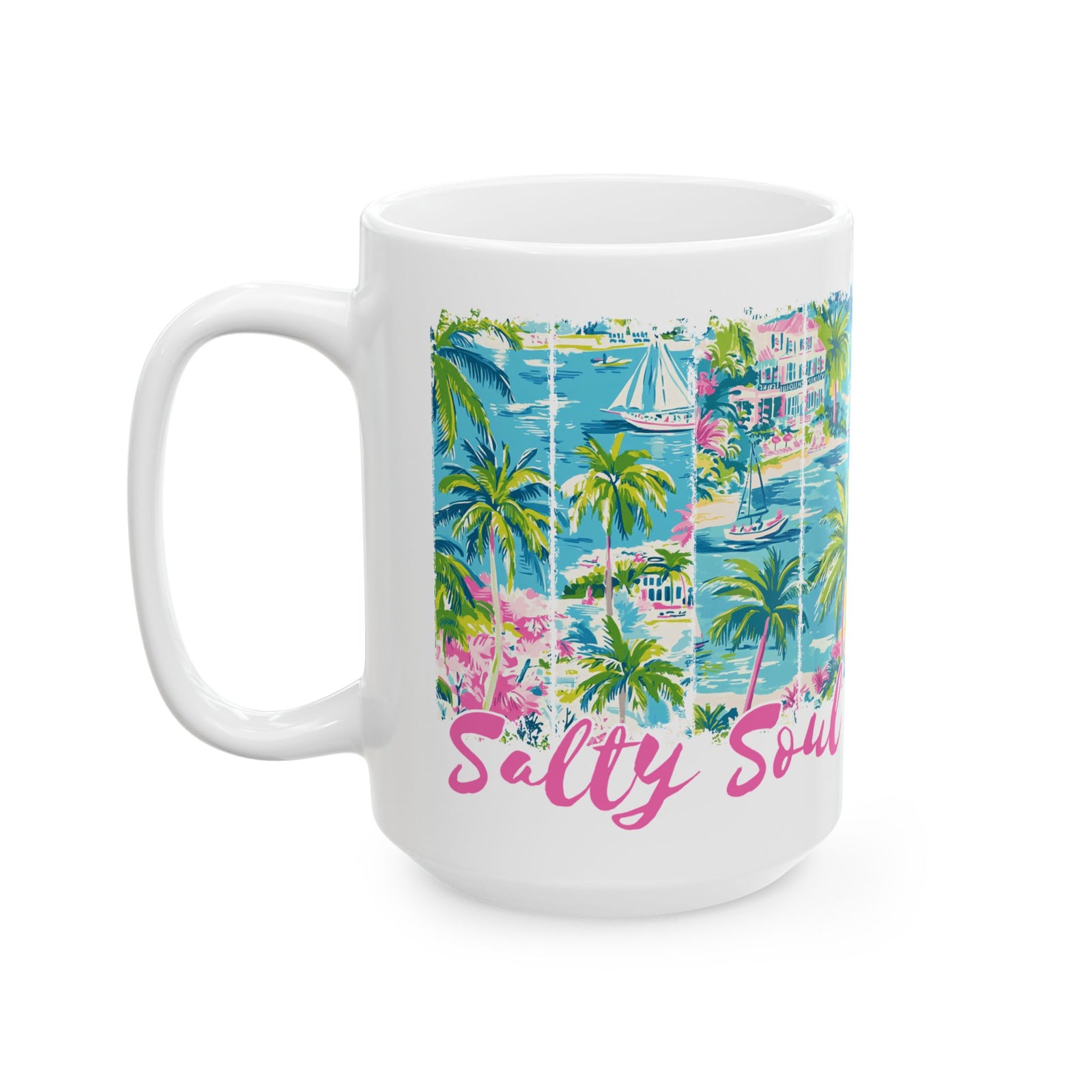 Salty Soul Beachy Palm Print Cute Ceramic Mug Coffee Cup (11oz & 15oz)