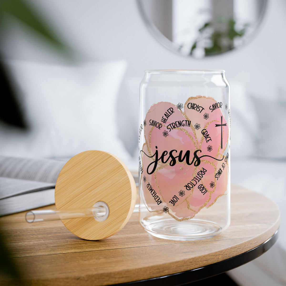 Jesus Strength & Grace Christian Tumbler Sipper Glass 16oz — Reusable Drink Jar with Lid & Straw