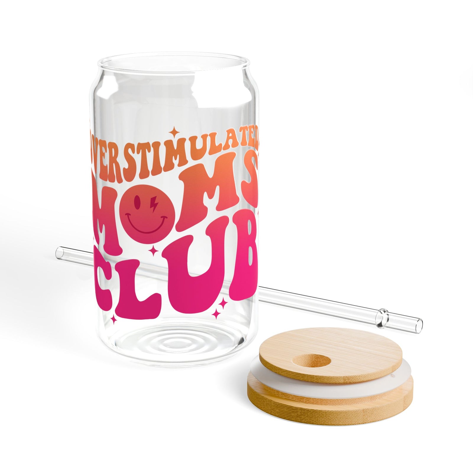 Overstimulated Moms Club Pink & Orange Sipper Glass 16oz Reusable Drink Jar with Lid & Straw