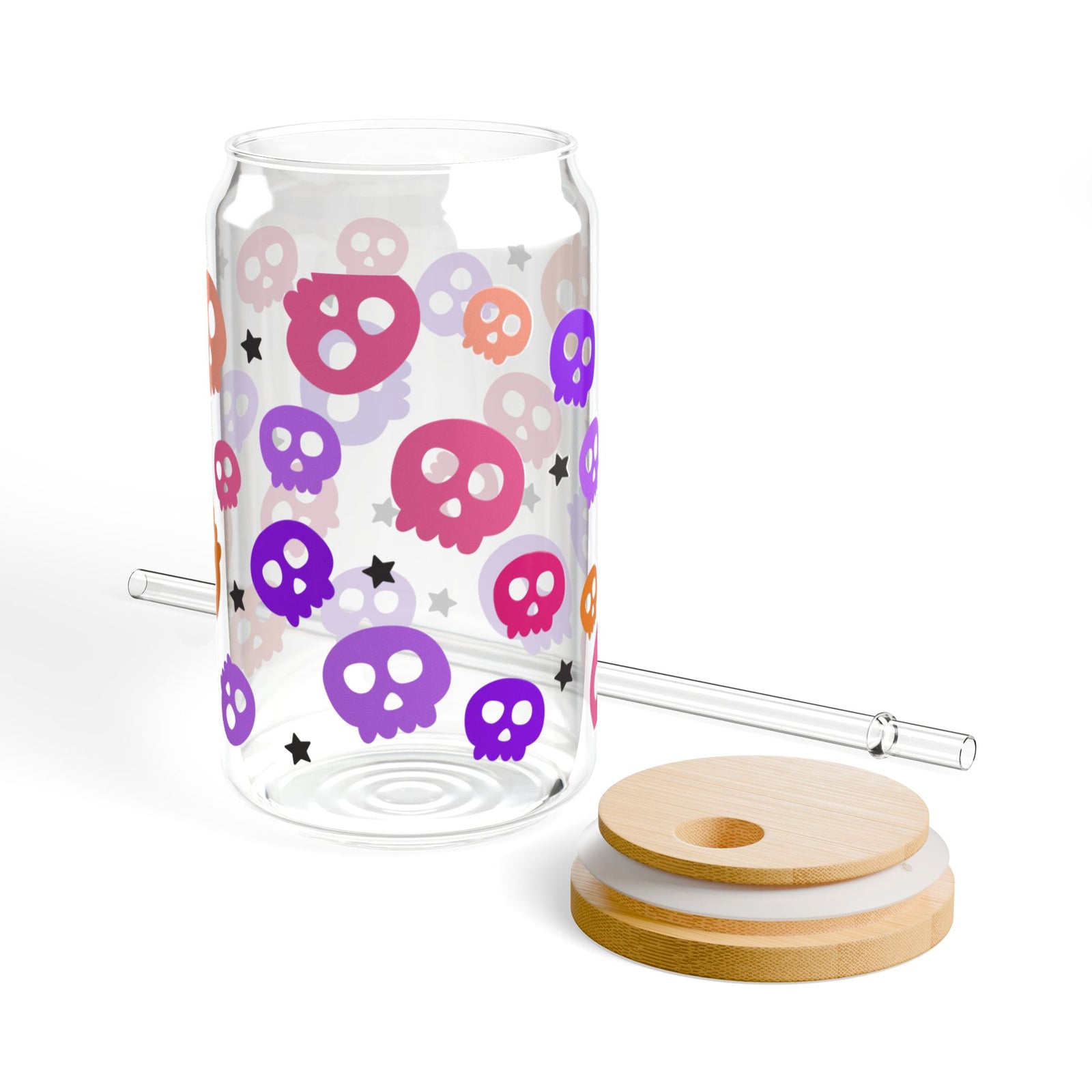 Spooky Bright Skulls Halloween Sipper Glass 16oz Reusable Drink Jar with Lid & Straw