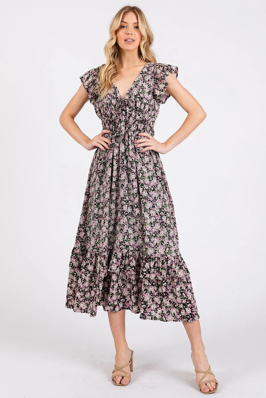 Mittoshop Flower Print Ruffle Cap Sleeve V-neck Midi Dress - Sydney So Sweet